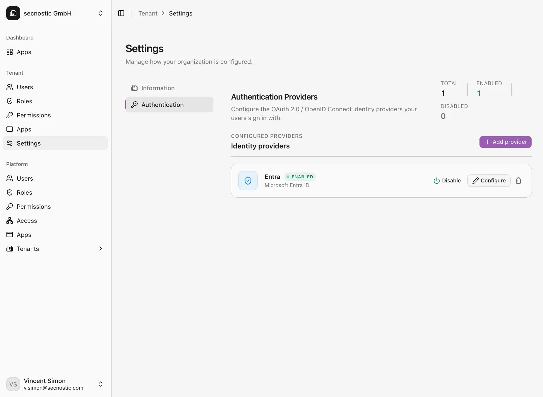Plattform-Einstellungen für Authentifizierung mit konfigurierten OpenID-Connect-Anbietern wie Microsoft Entra.