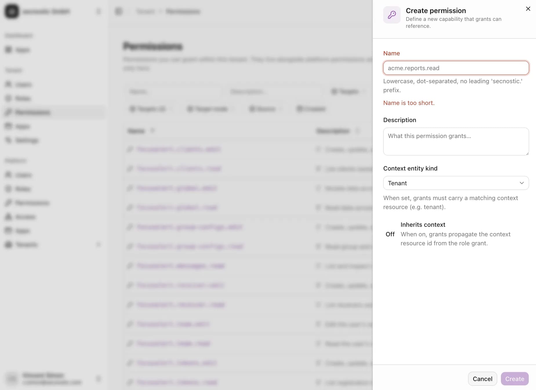 Dialog zum Anlegen einer Berechtigung mit Name, Beschreibung und Kontext-Typ.
