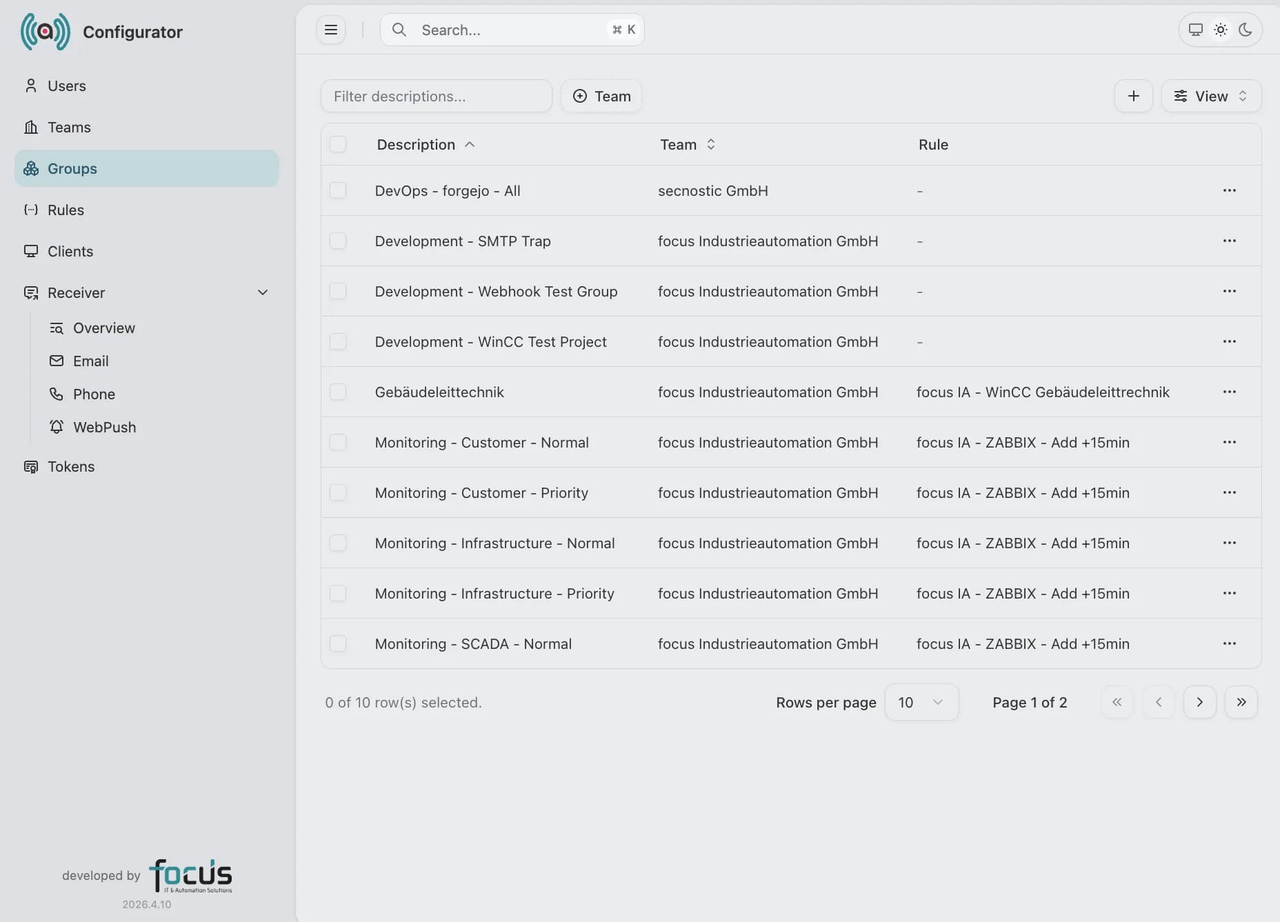 focusAlert Configurator am Rechner mit Gruppen, Teams und Regeln für die Alarm-Weiterleitung.