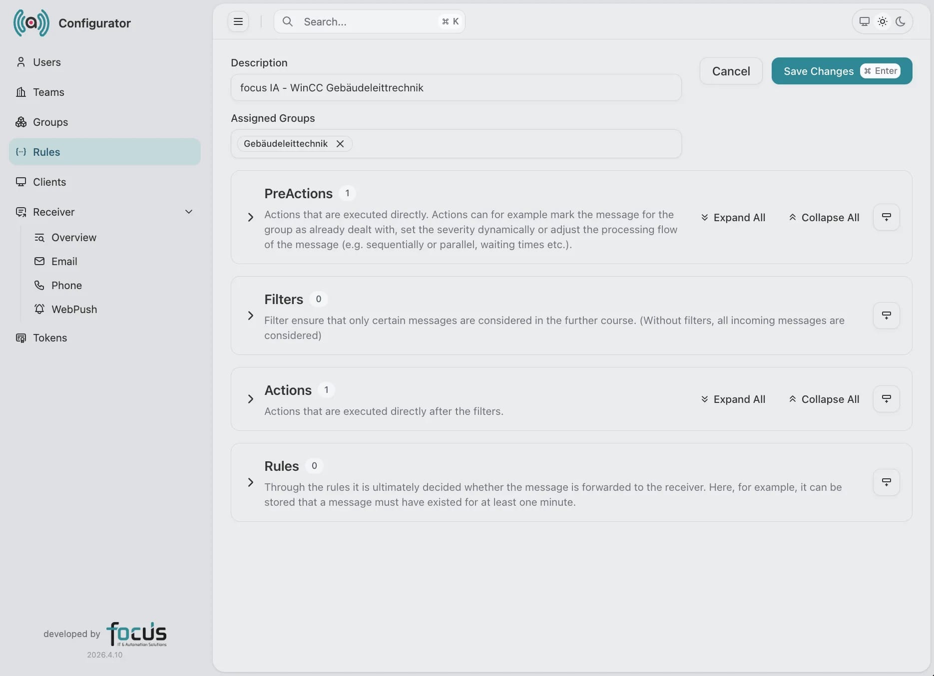 focusAlert Regel-Editor mit PreActions, Filtern, Aktionen und Regeln für die Verarbeitung eines Ereignisses.